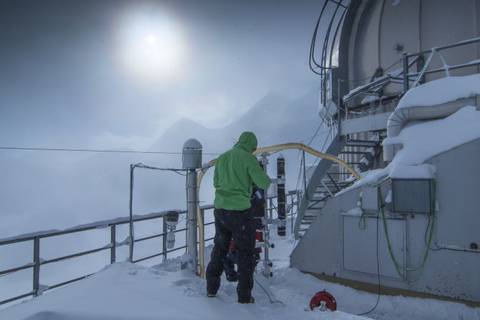 Wolkenforschung im Feld: Jungfraujoch + HALO (Foto: Tilo Arnhold, TROPOS)