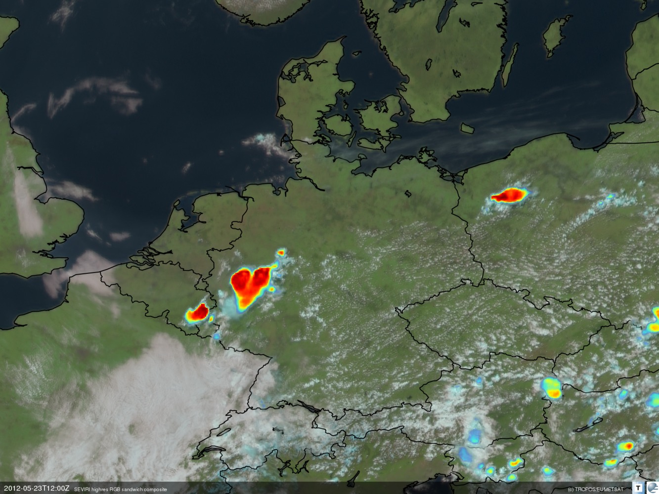 Meteosat-Aufnahme eines Gewitters über dem Westen Deutschlands am frühen Nachmittag (14 Uhr lokaler Sommerzeit am 23.05.2012). Quelle: TROPOS / EUMETSAT