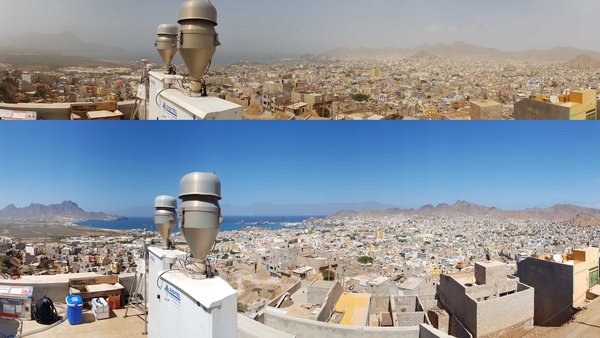 Blick vom Observatorium auf Mindelo – mit und ohne Saharastaub.