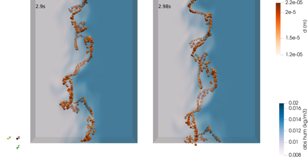 Simulation des Feuchtefeldes und Wassertropfen im Windkanal