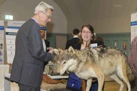 Am Stand des Senckenberg Museums für Naturkunde in Görlitz: Beratung zum Wolf.