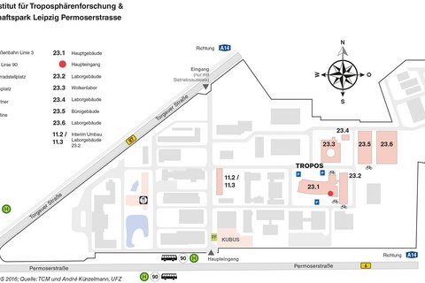 Site plan of the TROPOS buildings in the science park: Please click to enlarge. ---  Attention: Please use only the main entrance on the south side ("Haupteingang" on Permoser Straße with gate ("Pf")). 