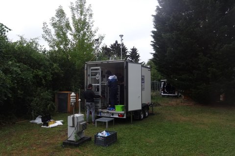 TROPOS trailer on a grass patch during set-up