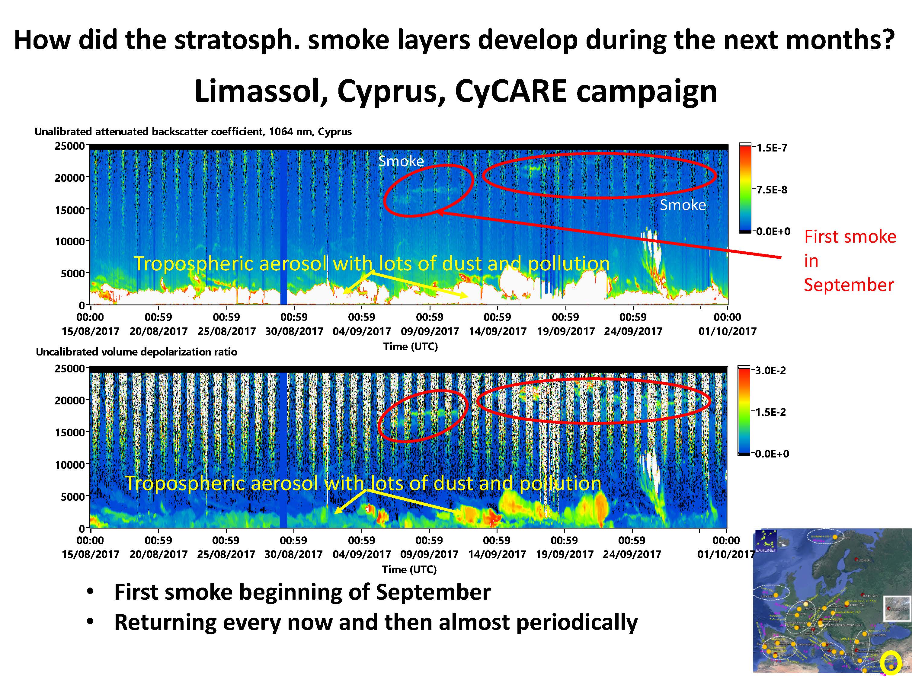 Lidarmessungen von Staub über Limassol (Zypern)  2017. Spuren der Rauchfahne aus Kanada sind von September bis Dezember in rund 20 km Höhe in der Stratosphäre zu sehen. Quelle. TROPOS