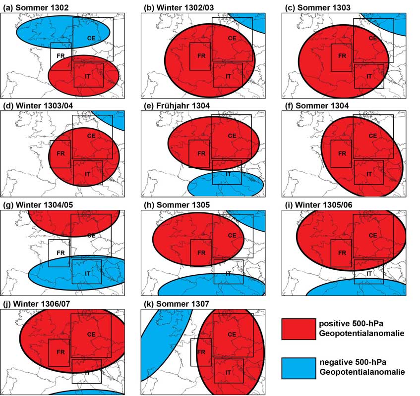 Mögliche Konstellationen von Hoch- (rot) und Tiefdruck- (blau) Anomalien, die die aus den historischen Quellen abgeleiteten Witterungsbedingungen erklären können. Grafik: Patric Seifert, TROPOS